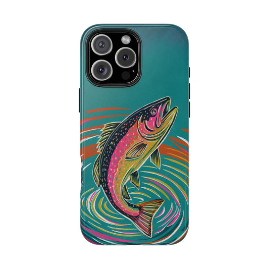 Flat lay of Trout Jumping Phone Case on white background, showcasing the full front design of a hand-drawn trout leaping—perfect for fishing and outdoor lifestyle lovers.