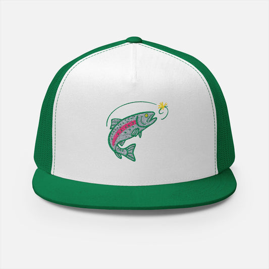Front view in green of the Trout Jumping Trucker Cap on a white background, showcasing the embroidered trout leaping toward a fly with bold outdoor detailing.
