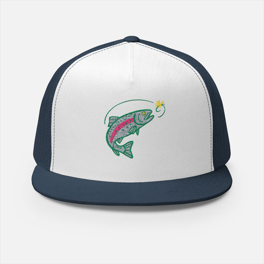 Front view in navy of the Trout Jumping Trucker Cap on a white background, showcasing the embroidered trout leaping toward a fly with bold outdoor detailing.