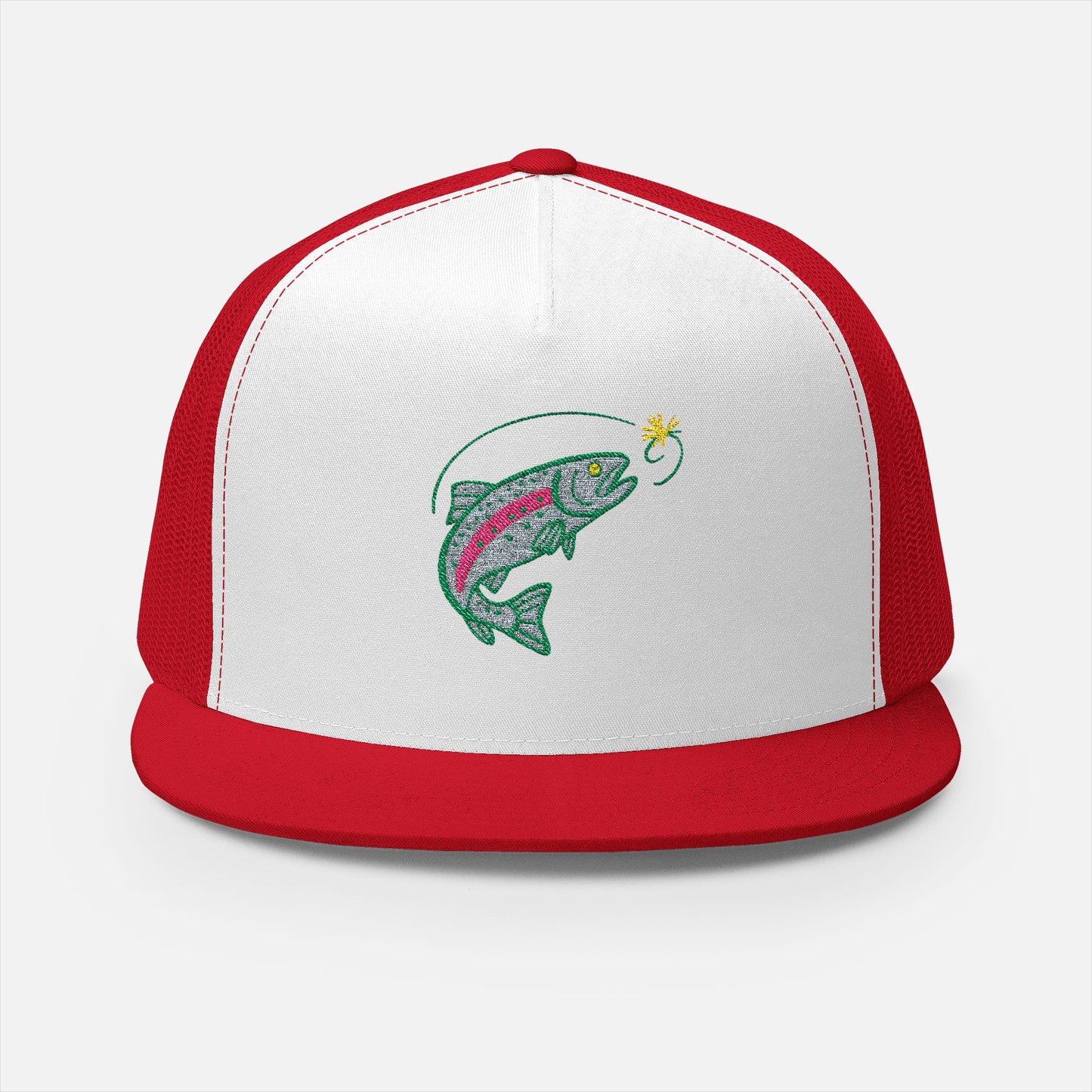 Front view in red of the Trout Jumping Trucker Cap on a white background, showcasing the embroidered trout leaping toward a fly with bold outdoor detailing.