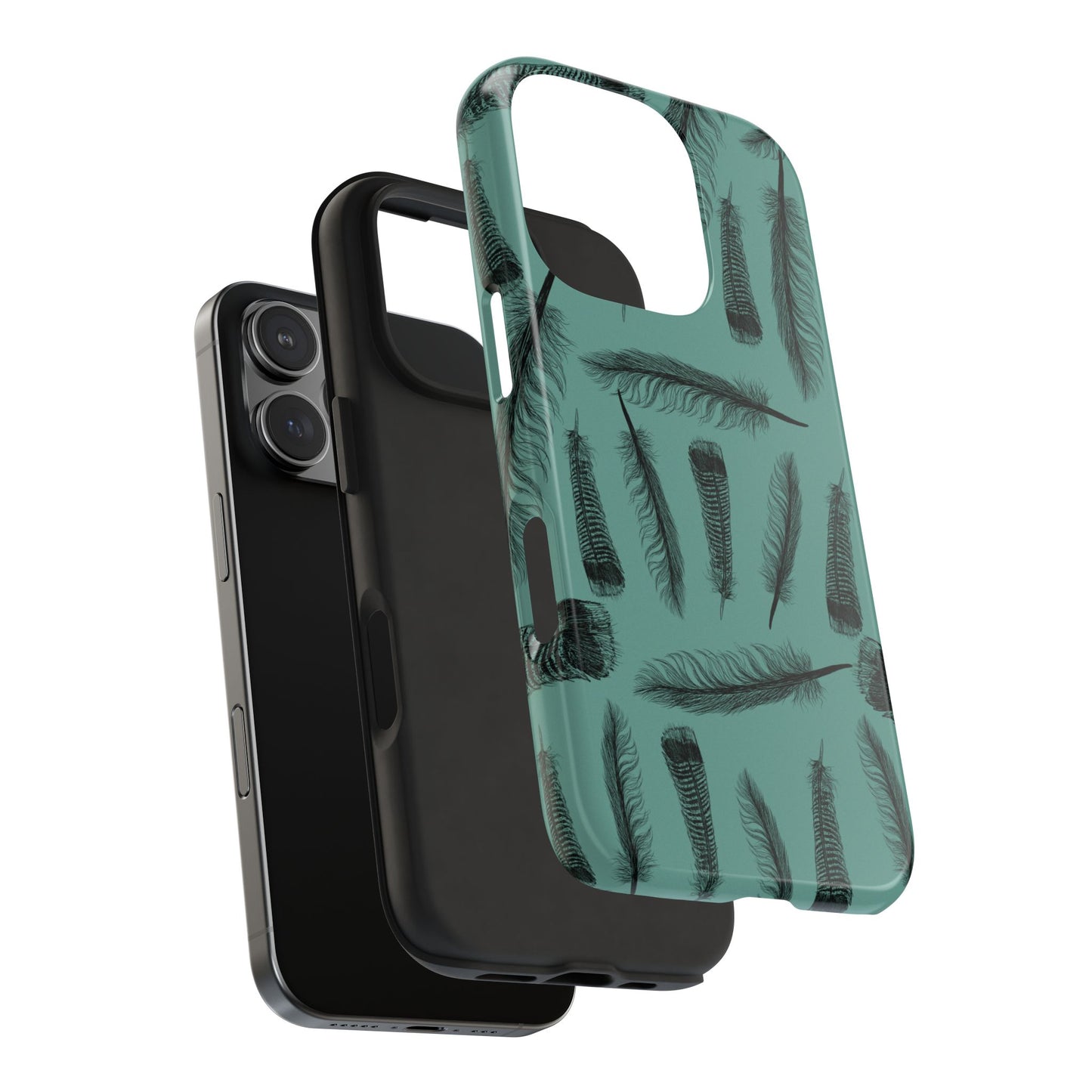 Turkey Feathers Phone Case layers view on a white background, featuring a stylish feather pattern with durable protection for iPhone and Samsung models. This image showcases the shock proof rubber liner and outer plastic shell design.