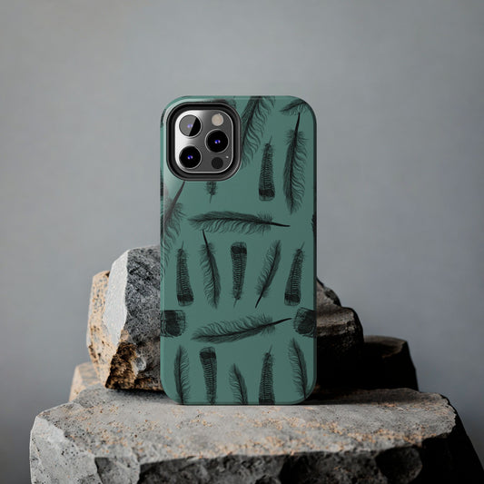 Turkey Feathers Phone Case displayed on a rock, showcasing its rustic nature-inspired feather pattern, perfect for hunters and outdoor enthusiasts.