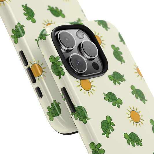 Close-up angled view of Turtle and Sun Phone Case highlighting the vibrant, UV-protected turtle and sun illustrations with a smooth glossy finish.