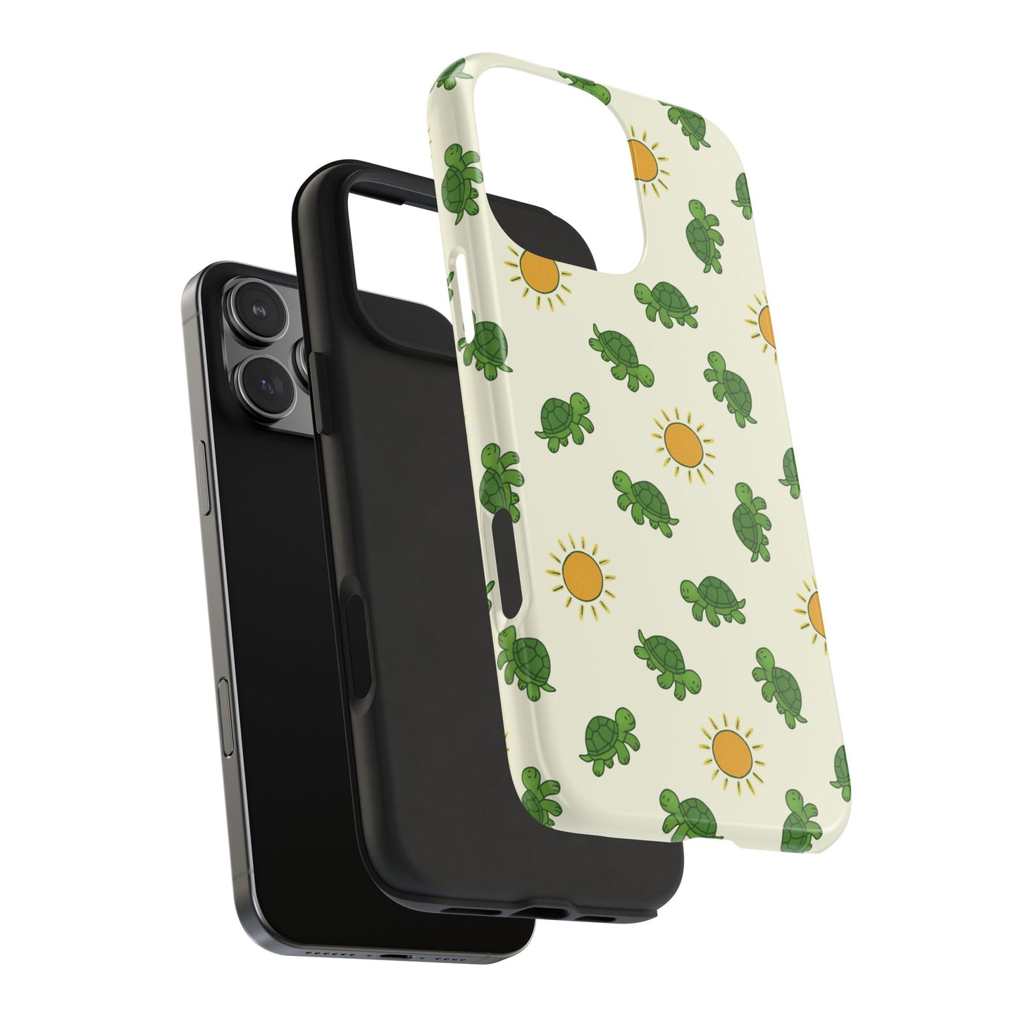Exploded view of Turtle and Sun Phone Case showing the glossy Lexan outer shell and shock-absorbing rubber liner for durable, dual-layer protection.
