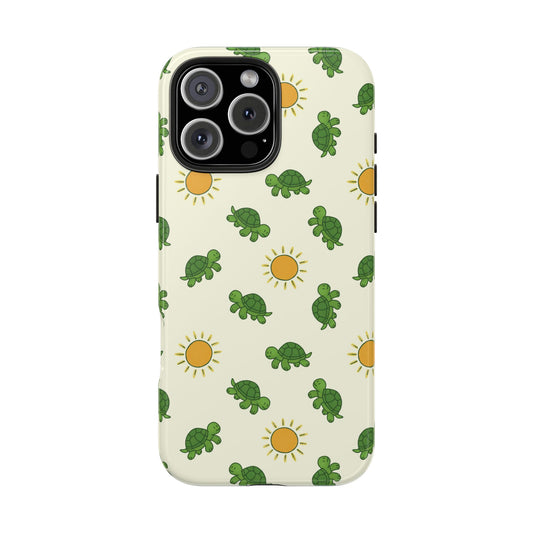 Front view of Turtle and Sun Phone Case on white background, featuring a peaceful hand-illustrated pattern of turtles and sun motifs in a calming beach-inspired design.