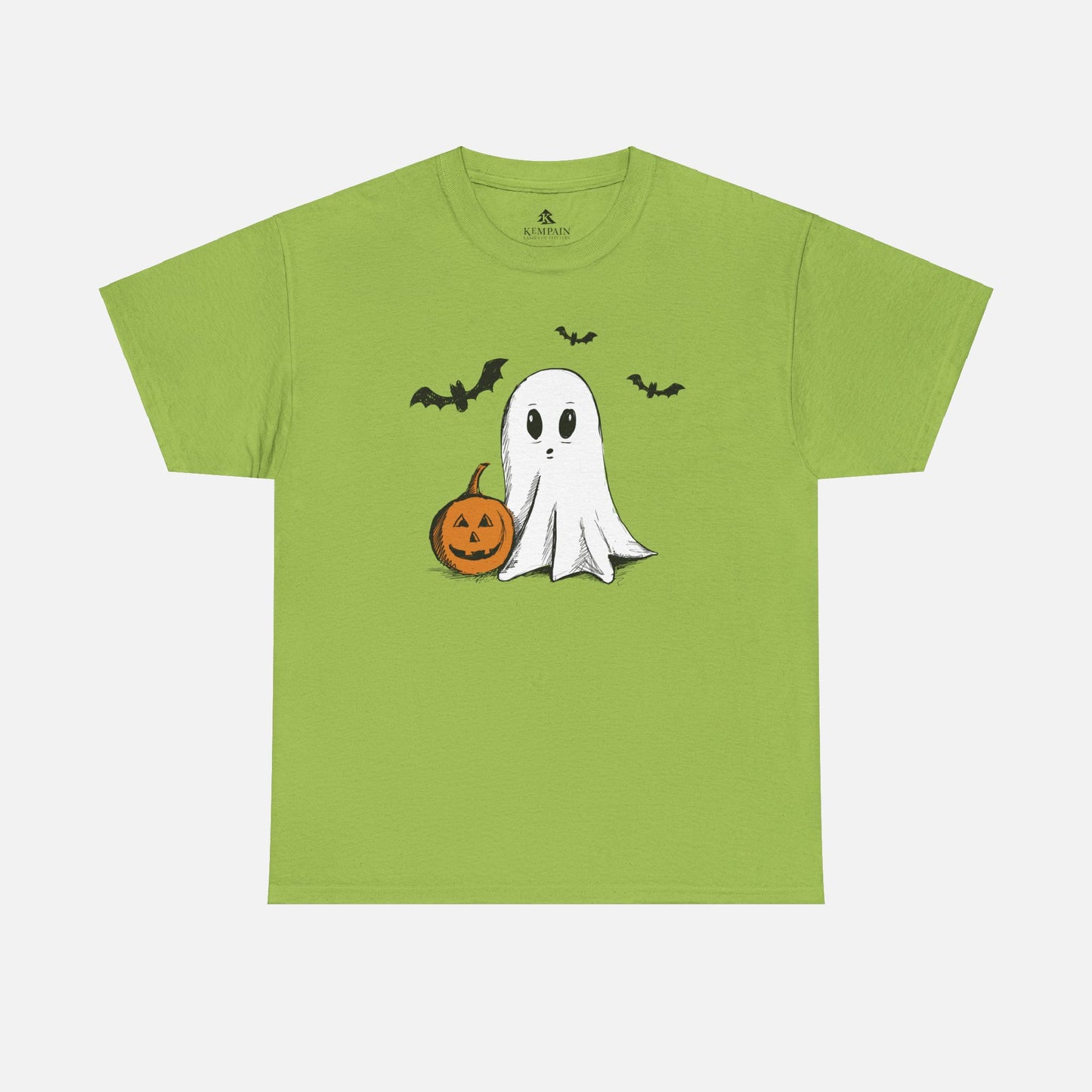 Unisex adult cotton shirt in a kiwi green color, featuring a Halloween design with a ghost, bats, and pumpkin, perfect for festive and spooky seasonal wear.