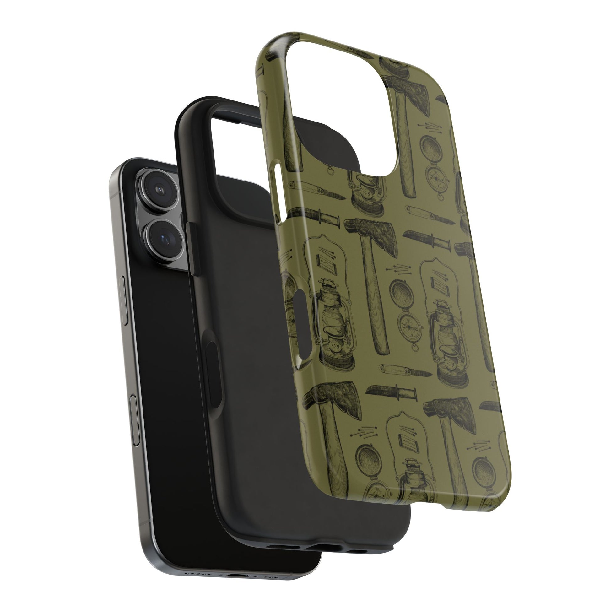 Vintage Survivalist iPhone 16 Pro Case exploded view showing plastic shell and rubber liner on a white background, featuring a durable adventure-ready design for campers, hikers, and outdoor enthusiasts.