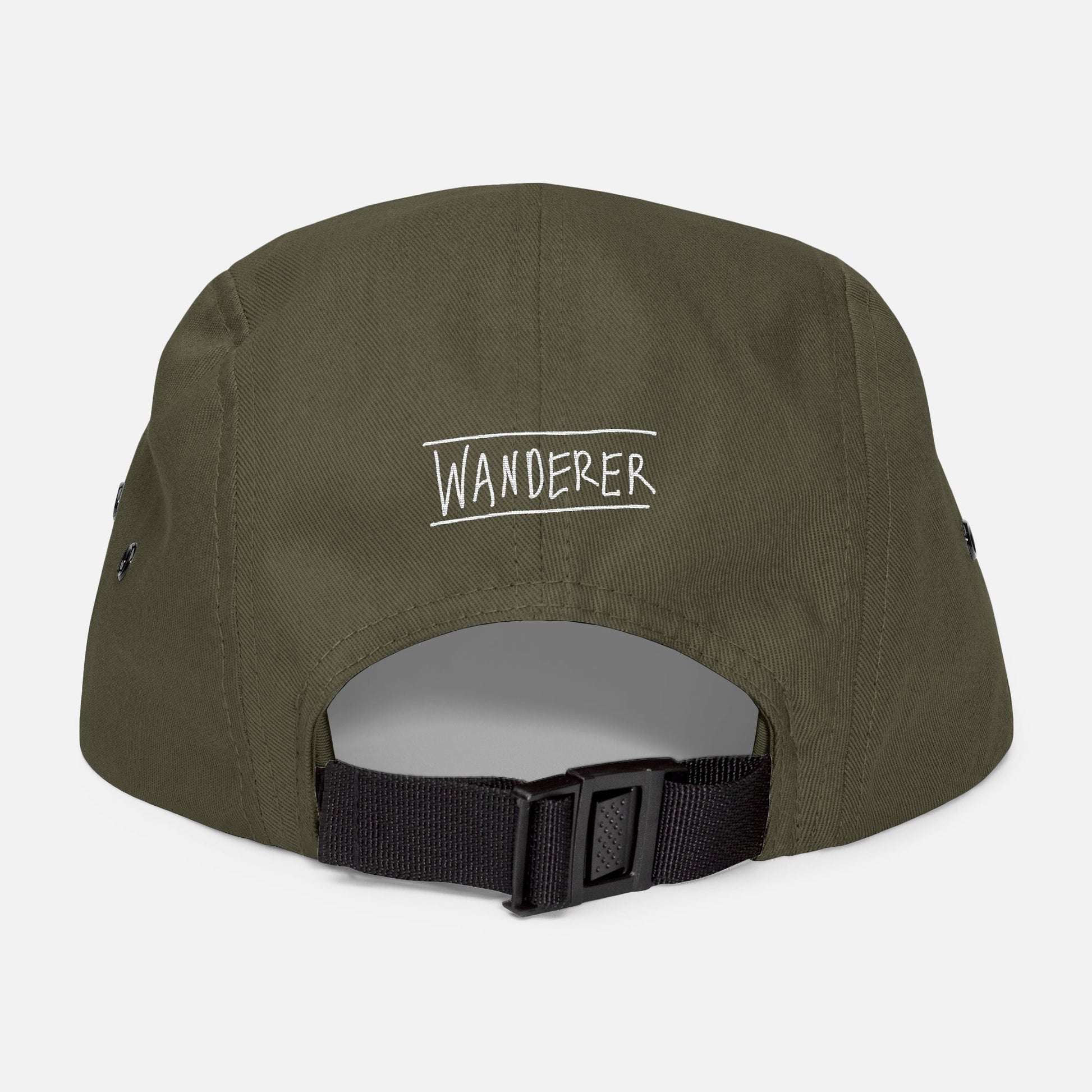 Back view of olive low-profile cap with adjustable strap and “wanderer” embroidered in casual handwritten script.