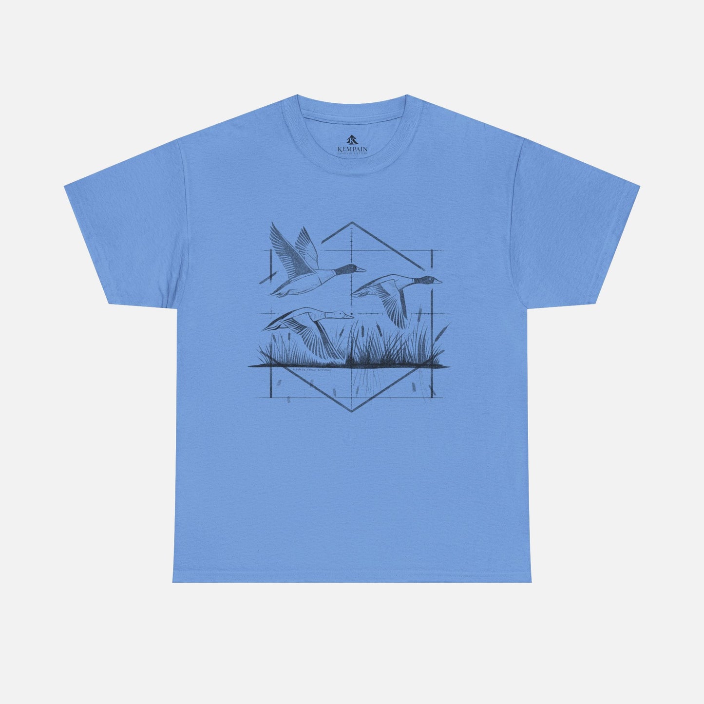Waterfowl Hunter Ducks Tee in blue on a white background, showcasing a dynamic waterfowl hunting design with three flying ducks for outdoor adventurers.