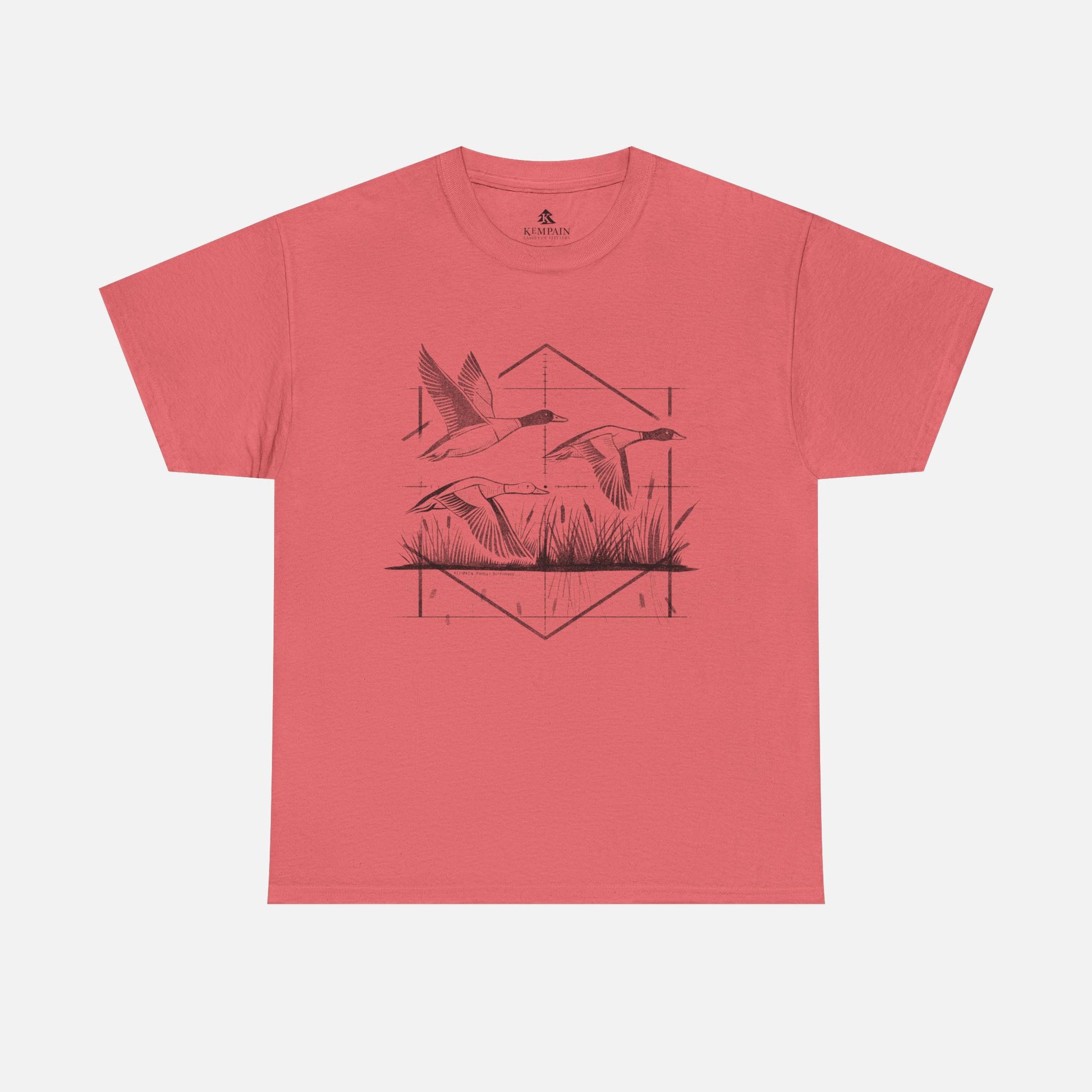 Waterfowl Hunter Ducks Tee in coral on a white background, showcasing a dynamic waterfowl hunting design with three flying ducks for outdoor adventurers.