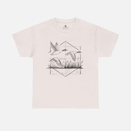 Waterfowl Hunter Ducks Tee in ice grey on a white background, showcasing a dynamic waterfowl hunting design with three flying ducks for outdoor adventurers.