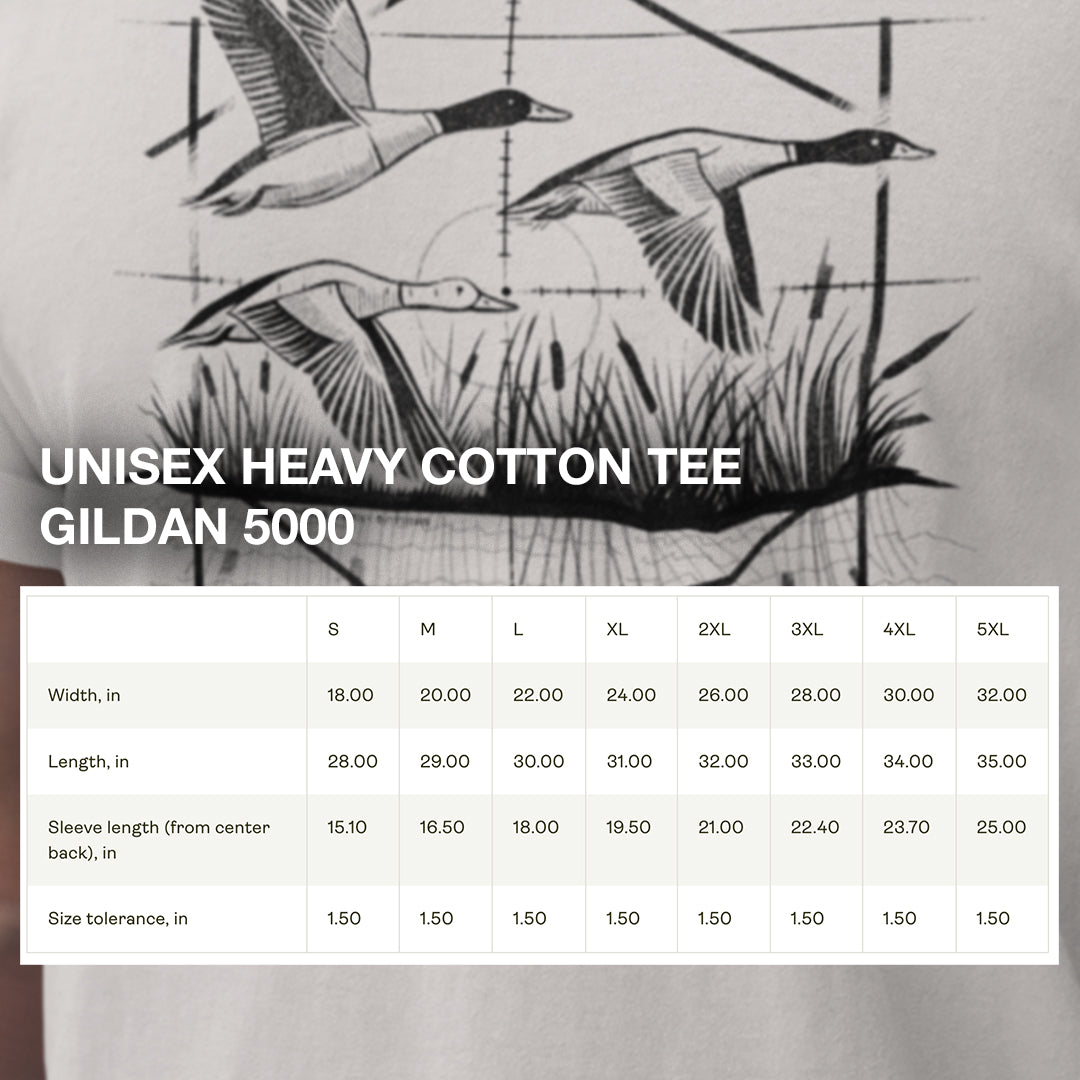 Size chart for Waterfowl Hunter Ducks Tee, providing detailed measurements for a comfortable and relaxed fit.