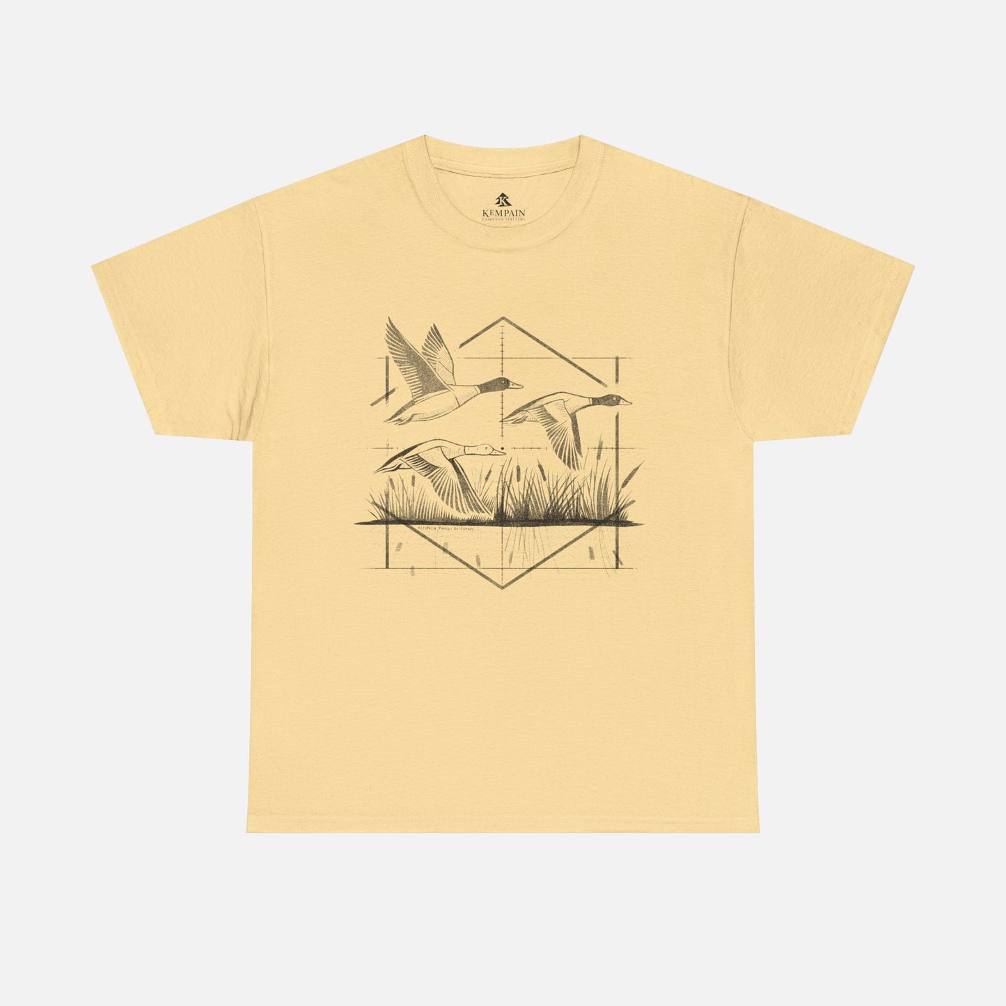 Waterfowl Hunter Ducks Tee in yellow on a white background, showcasing a dynamic waterfowl hunting design with three flying ducks for outdoor adventurers.