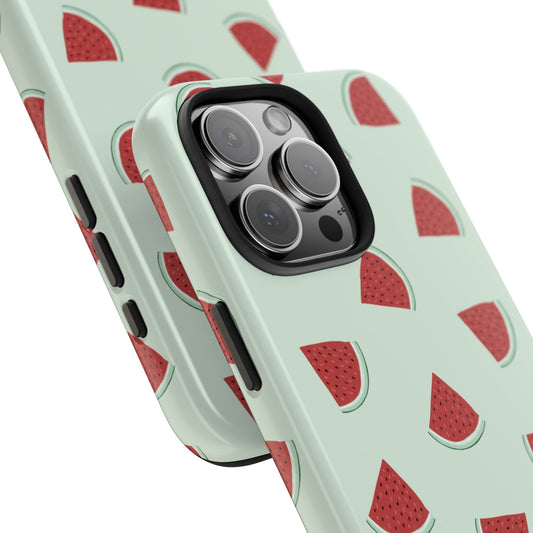 Close-up angle of glossy watermelon phone case highlighting vibrant design and smooth finish.
