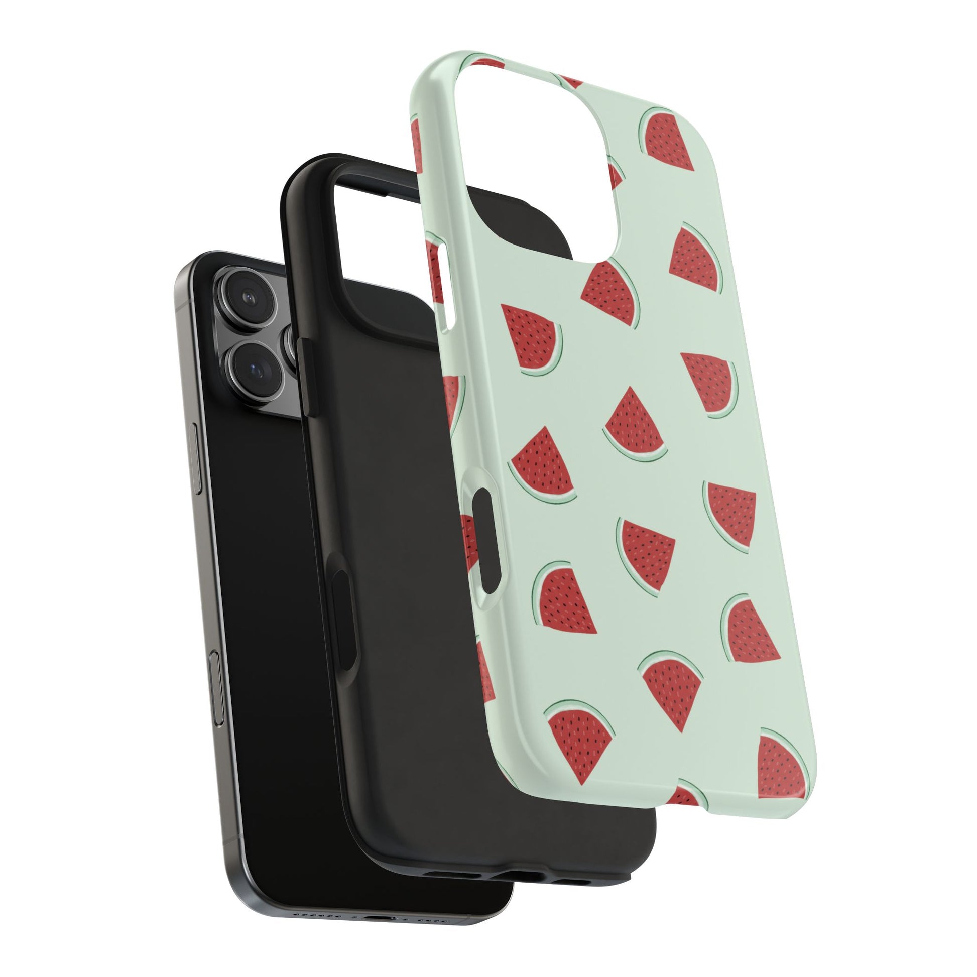 Exploded view of two-piece watermelon phone case showing durable hard shell and shock-absorbing rubber liner.