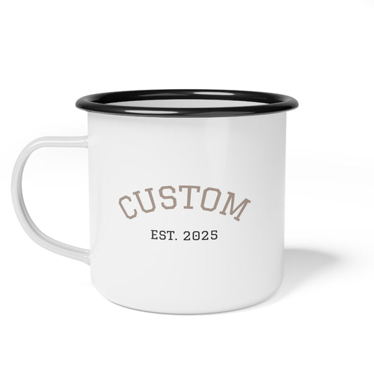 White enamel mug with black rim and 'CUSTOM EST. 2025' text on a white background.