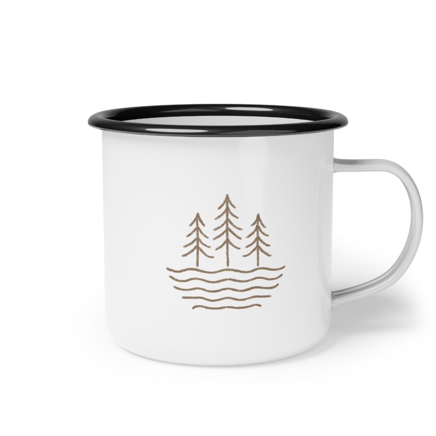 Enamel camp mug featuring hand-drawn Waves & Timber Line graphic with mountain and wave design on one side.