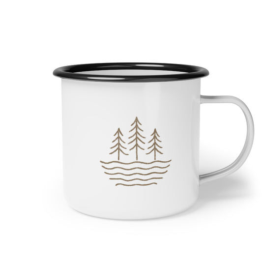 Enamel camp mug featuring hand-drawn Waves & Timber Line graphic with mountain and wave design on one side.