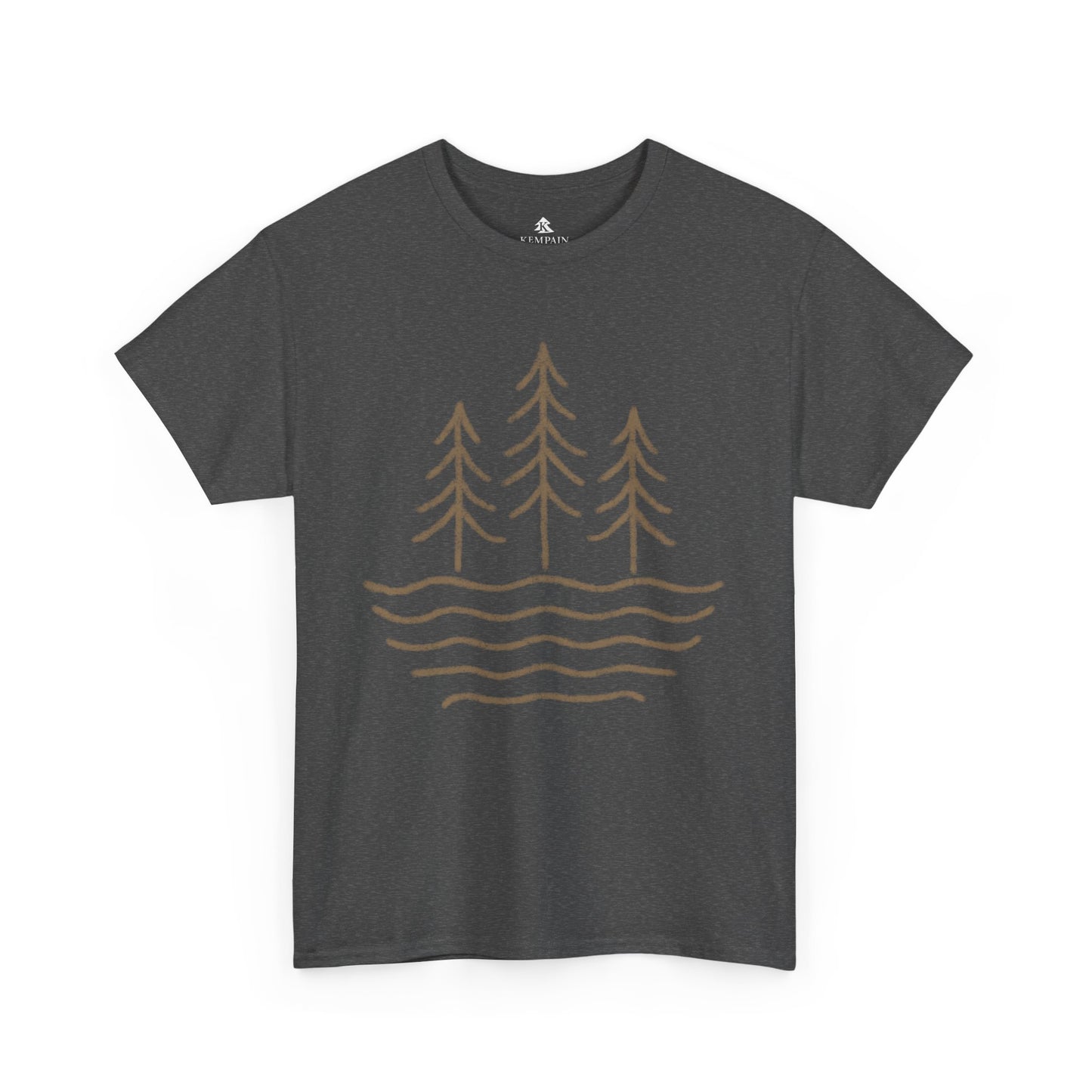 Flat lay of dark heather Waves & Timber Line T-shirt featuring a circular light brown line art design of flowing water and timberline trees. Nature-inspired unisex tee made from 100% sustainable cotton.