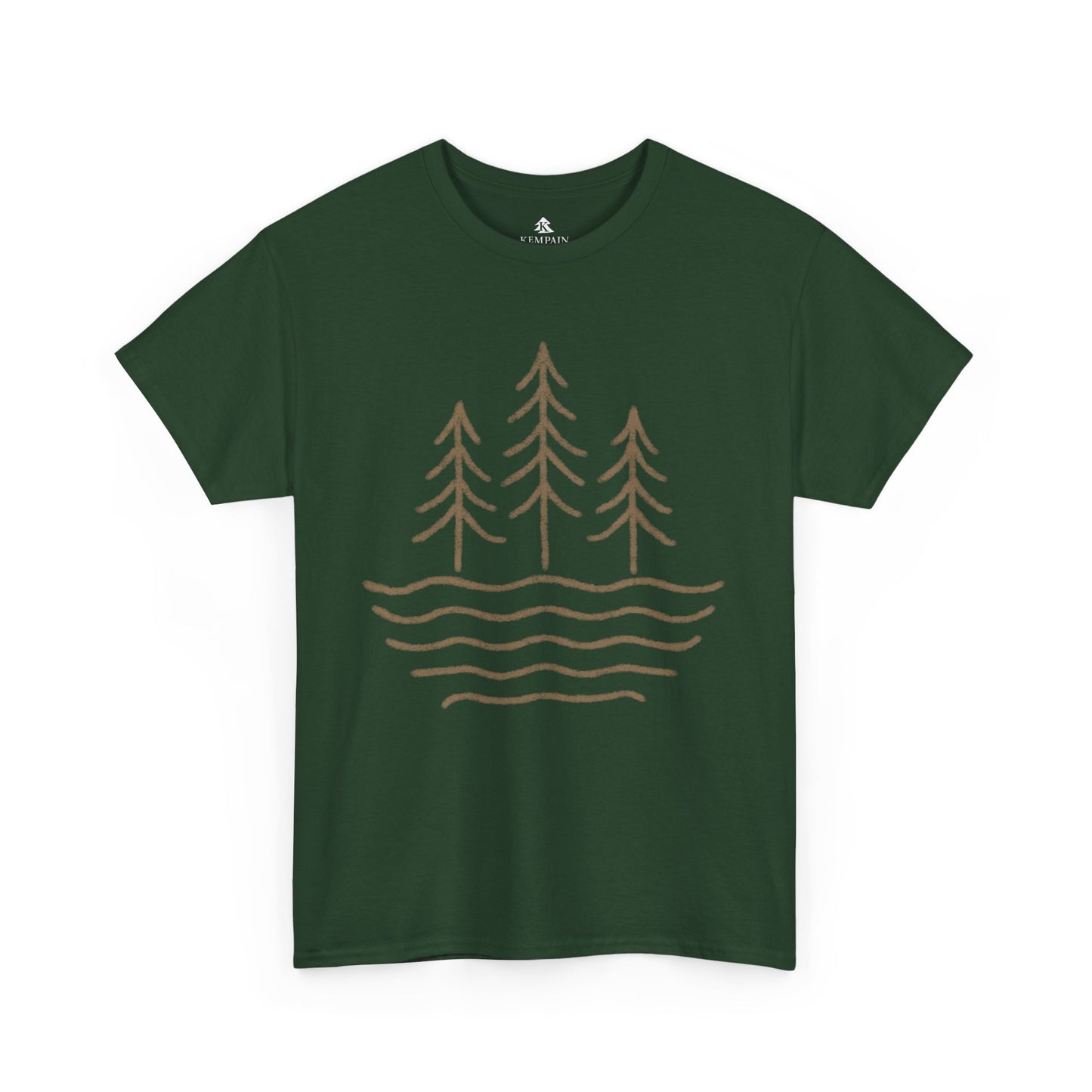 Flat lay of forest green Waves & Timber Line T-shirt featuring a circular light brown line art design of flowing water and timberline trees. Nature-inspired unisex tee made from 100% sustainable cotton.