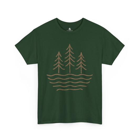 Flat lay of forest green Waves & Timber Line T-shirt featuring a circular light brown line art design of flowing water and timberline trees. Nature-inspired unisex tee made from 100% sustainable cotton.