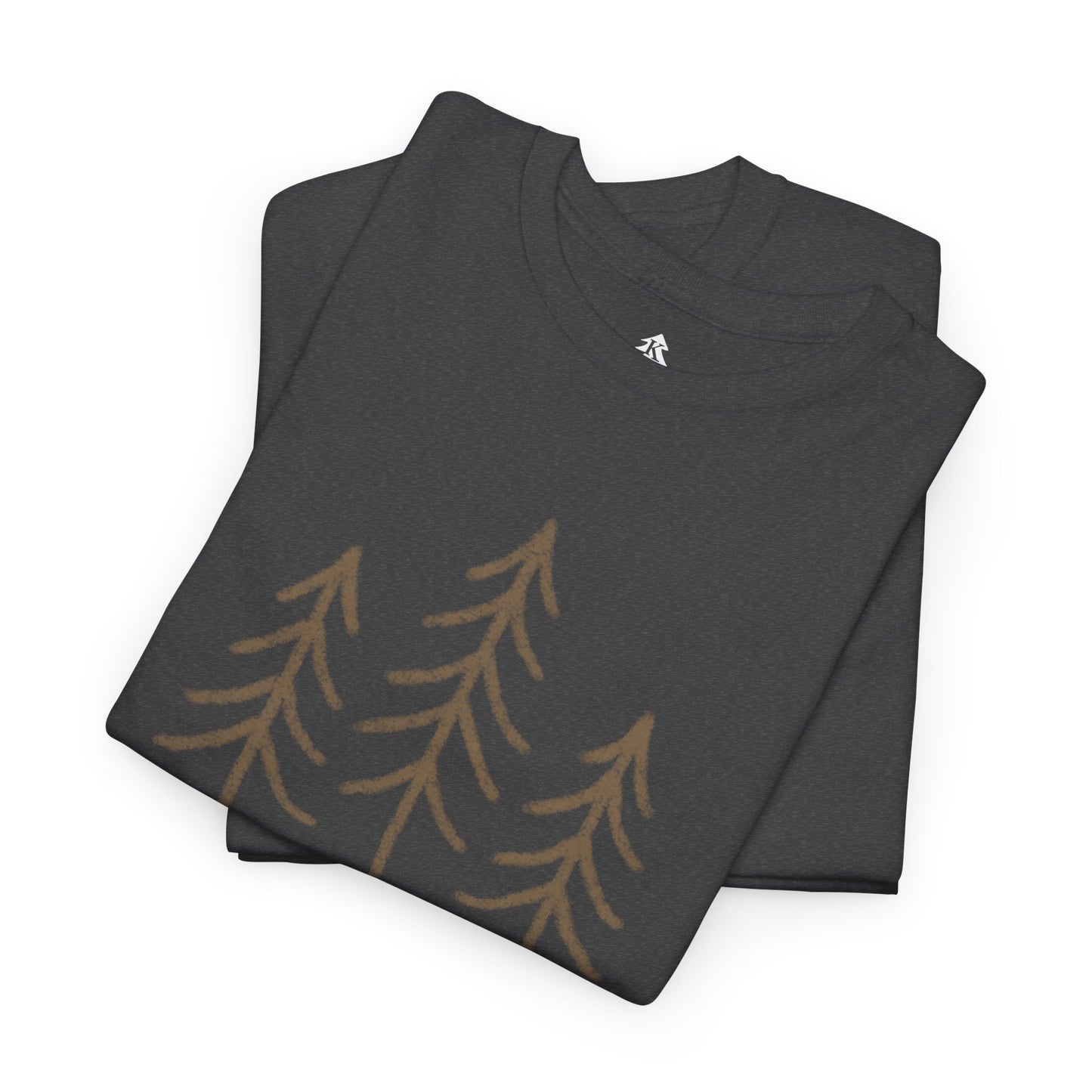 Folded dark heather Waves & Timber Line T-shirt featuring a circular light brown line art design of flowing water and timberline trees. Nature-inspired unisex tee made from 100% sustainable cotton.