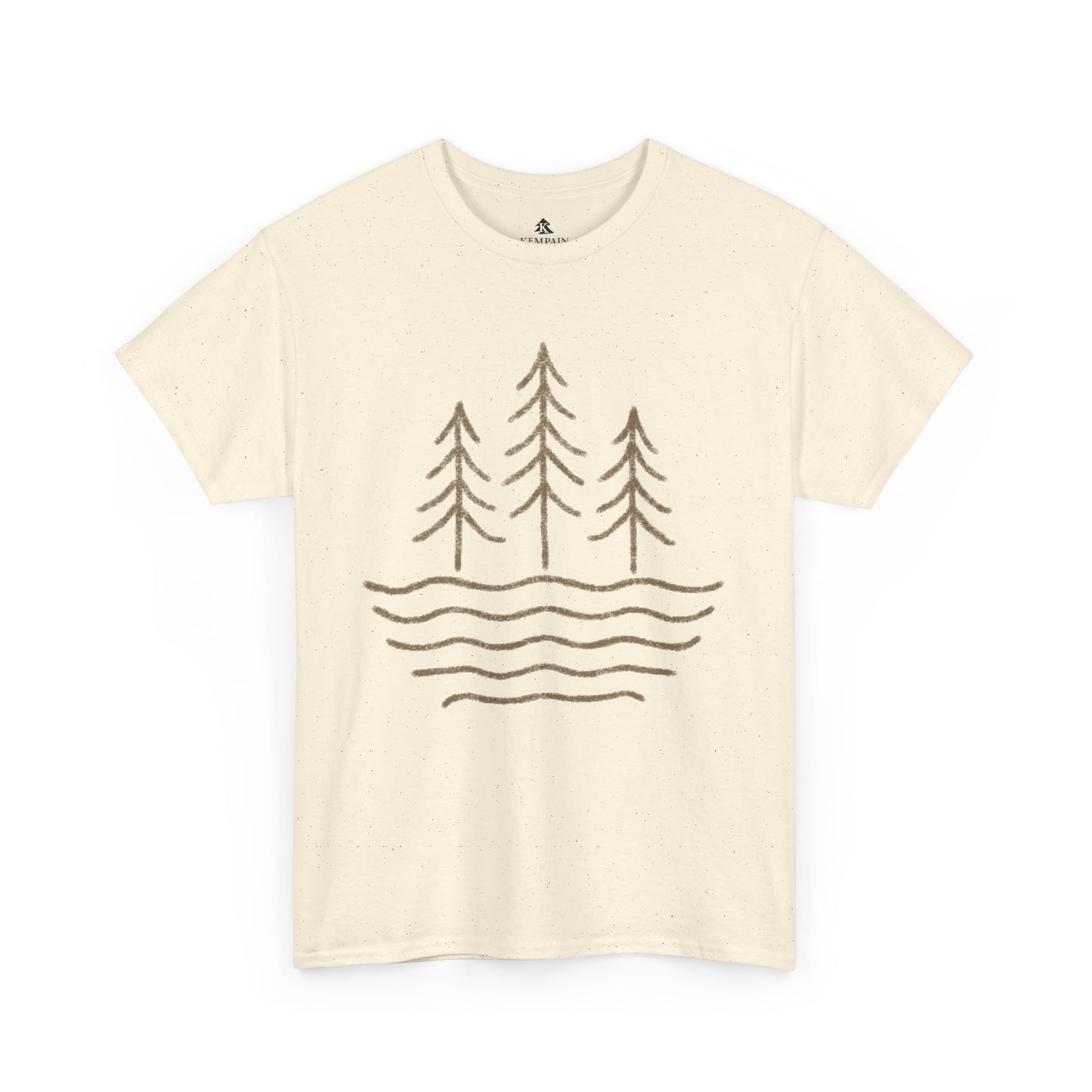 Flat lay of natural Waves & Timber Line T-shirt featuring a circular light brown line art design of flowing water and timberline trees. Nature-inspired unisex tee made from 100% sustainable cotton.