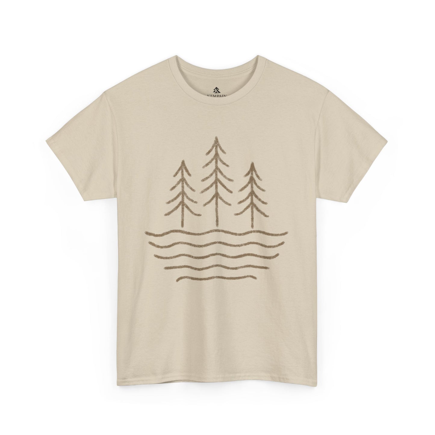 Flat lay of sand Waves & Timber Line T-shirt featuring a circular light brown line art design of flowing water and timberline trees. Nature-inspired unisex tee made from 100% sustainable cotton.