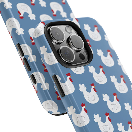 Close-up angle of phone case with whimsical white chicken design on sky-blue background and glossy finish.
