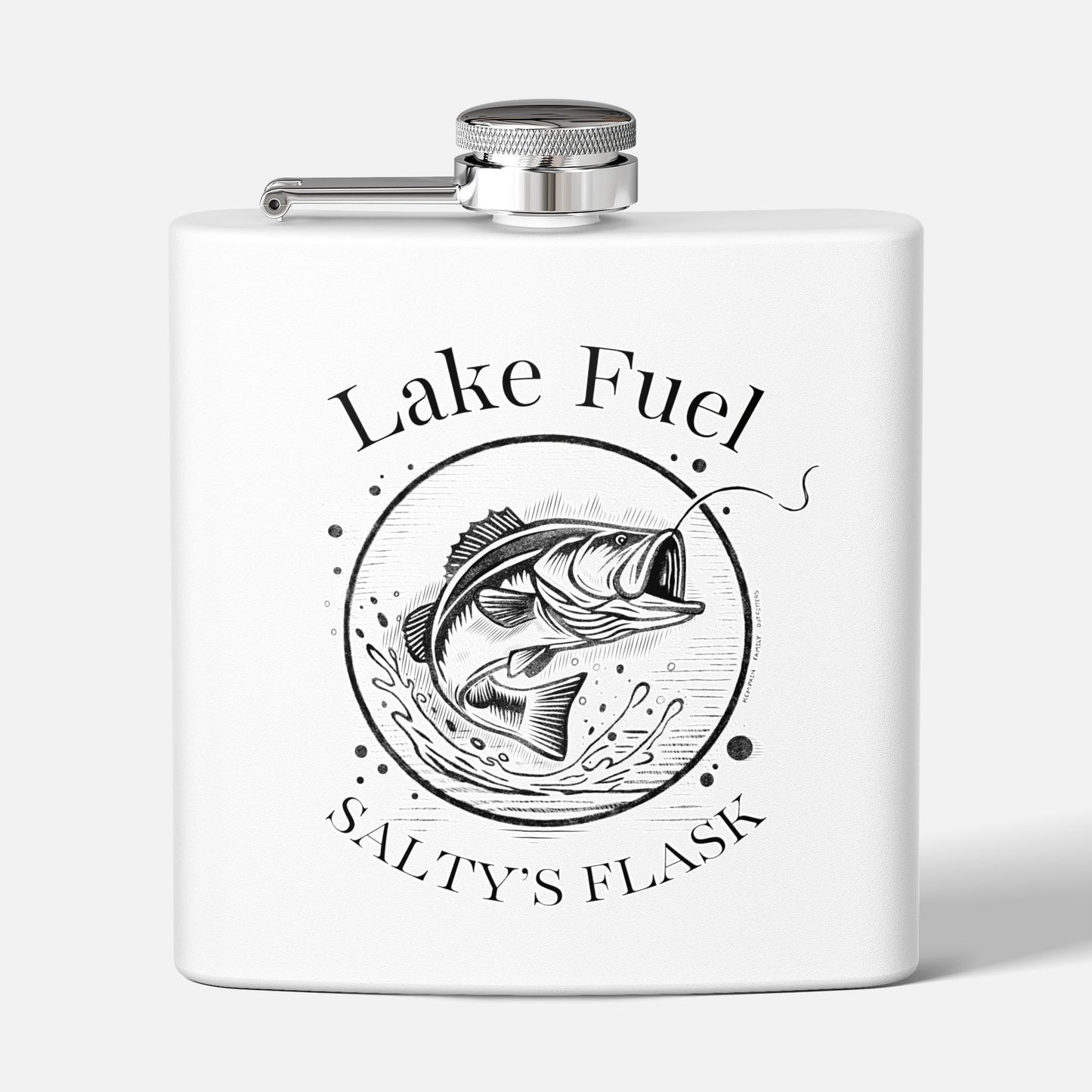 Flask with 'Lake Fuel Salty's Flask' design on a white background