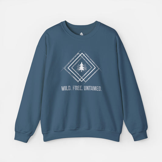 Wild. Free. Untamed. Rustic Crewneck Sweatshirt in blue on a white background, featuring a geometric tree sketch design for nature lovers.