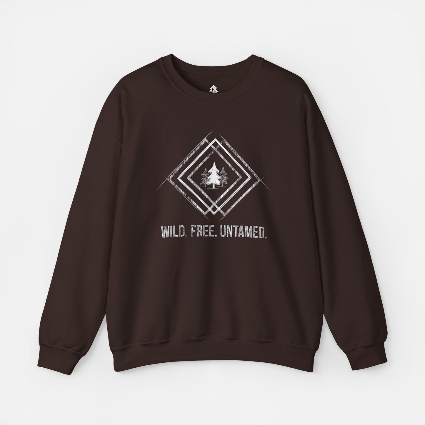 Wild. Free. Untamed. Rustic Crewneck Sweatshirt in brown on a white background, featuring a geometric tree sketch design for nature lovers.
