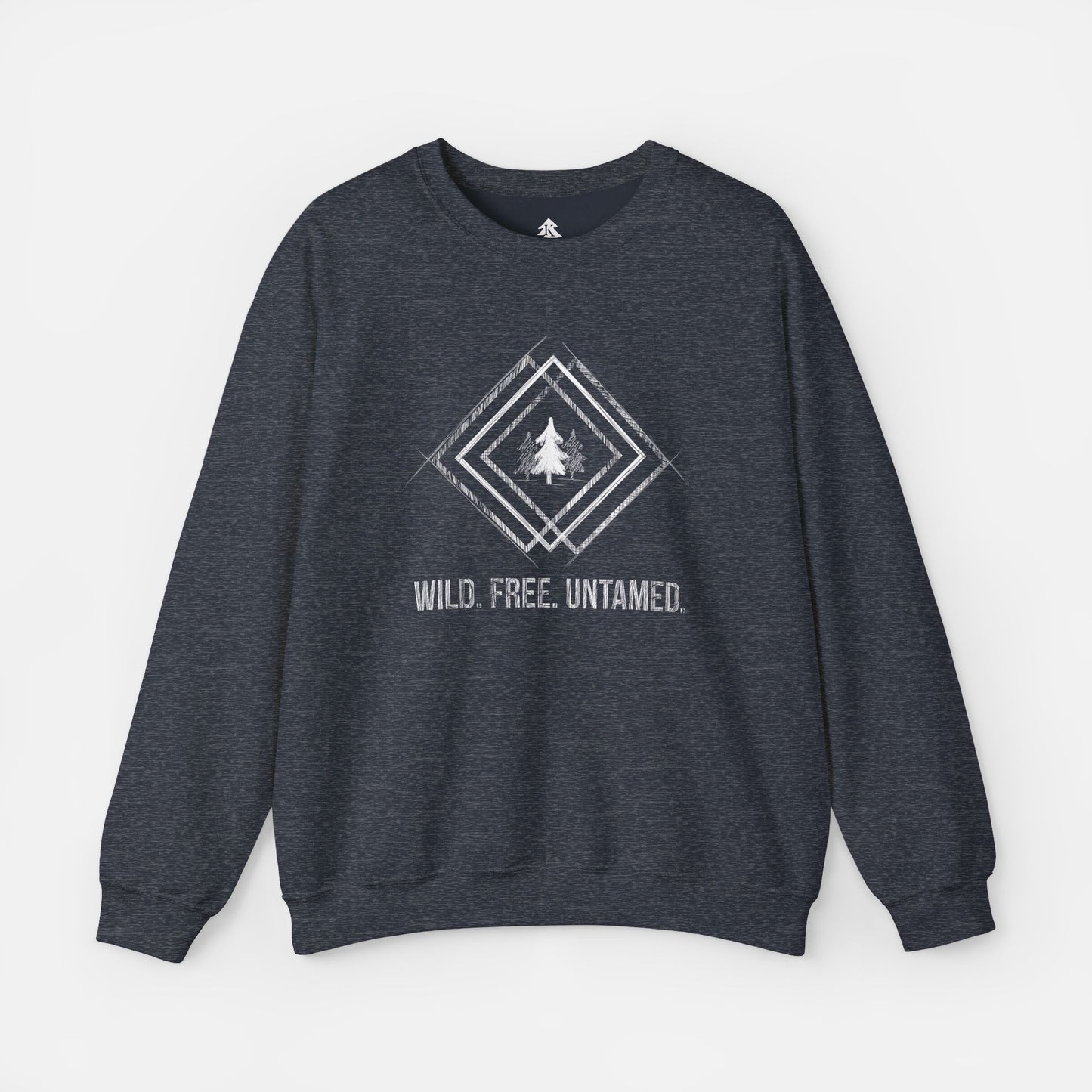 Wild. Free. Untamed. Rustic Crewneck Sweatshirt in navy heather on a white background, featuring a geometric tree sketch design for nature lovers.