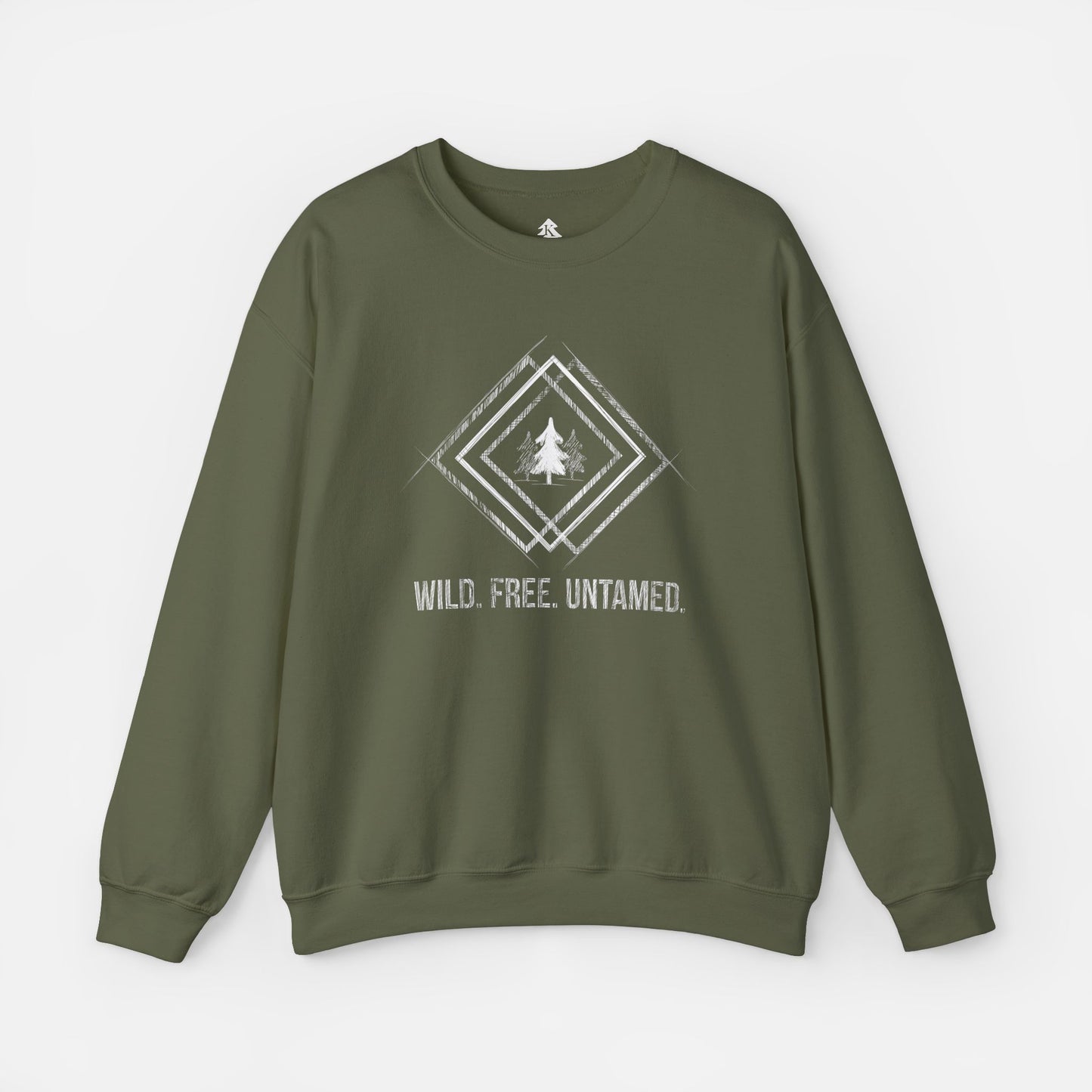 Wild. Free. Untamed. Rustic Crewneck Sweatshirt in military green on a white background, featuring a geometric tree sketch design for nature lovers.