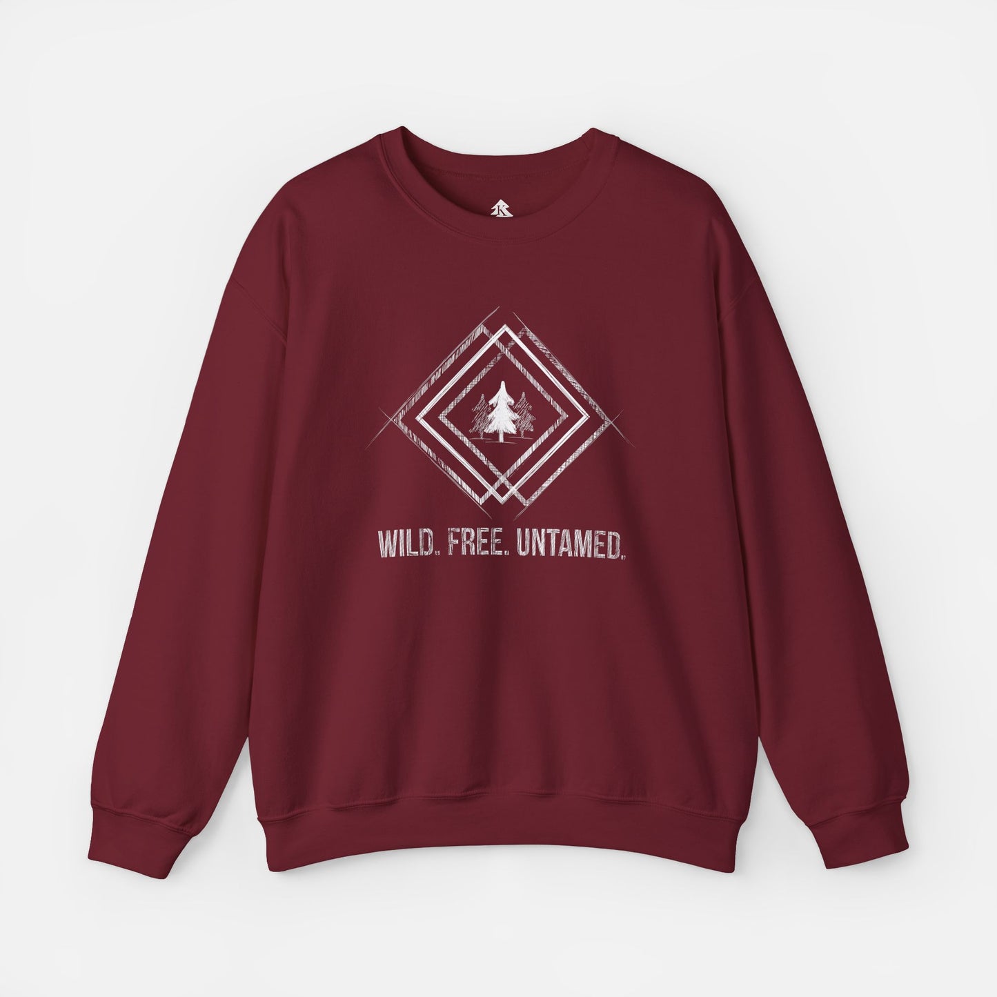 Wild. Free. Untamed. Rustic Crewneck Sweatshirt in red on a white background, featuring a geometric tree sketch design for nature lovers.