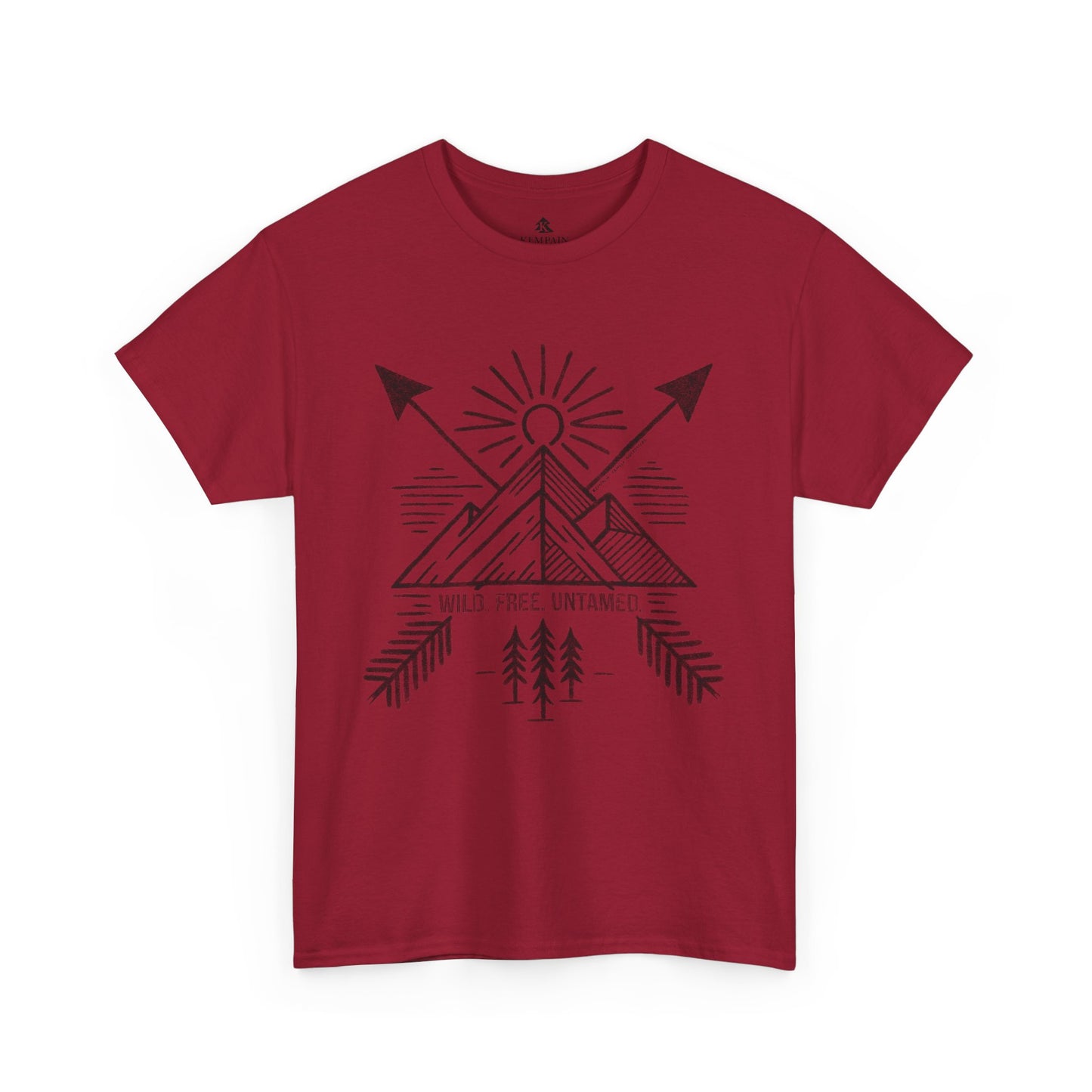 Wild. Free. Untamed. Adventure-Inspired Unisex T-Shirt in red on a white background, showcasing a rugged outdoor-themed design for nature lovers.