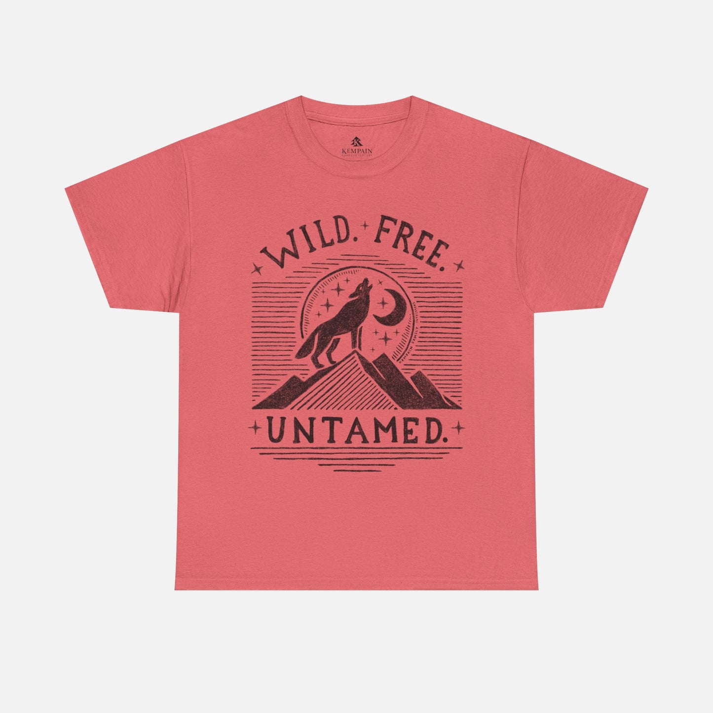 Wild. Free. Untamed. Wolf Howling Tee in coral on a white background, showcasing a bold wolf and moon design for outdoor enthusiasts.