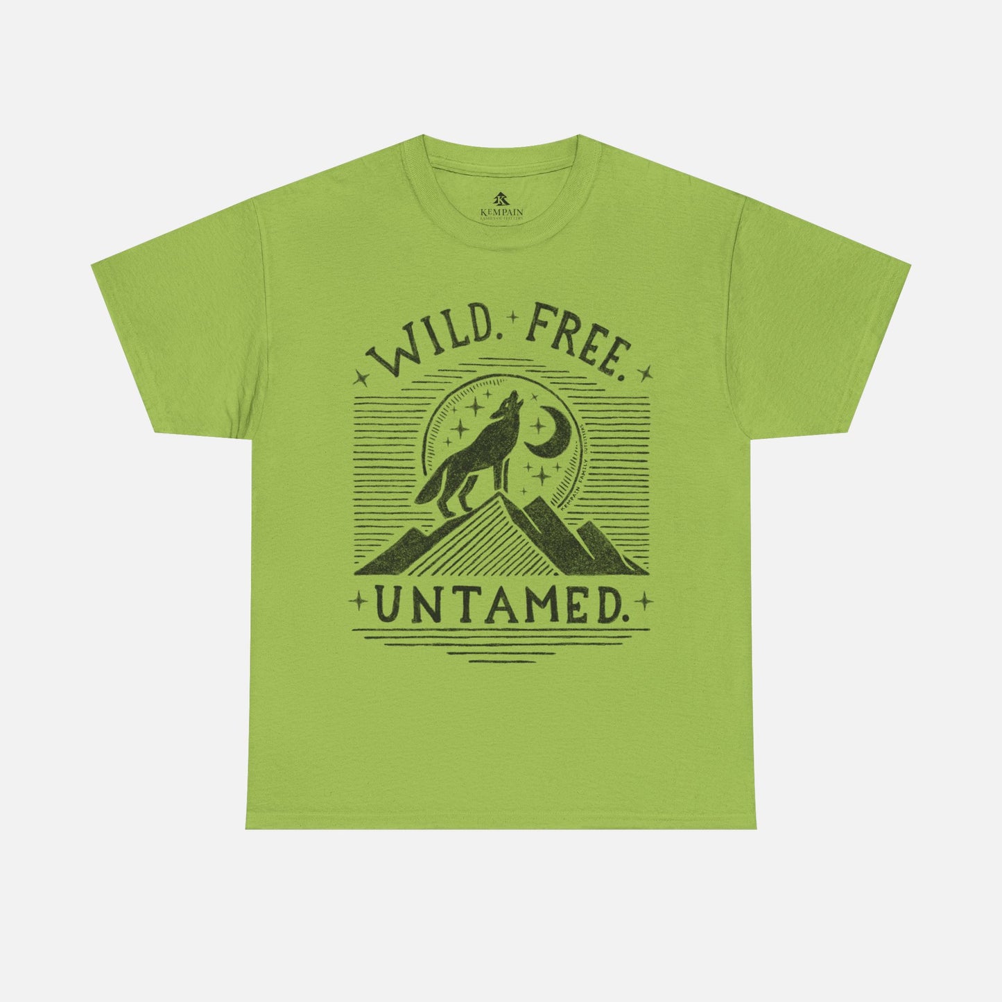 Wild. Free. Untamed. Wolf Howling Tee in green on a white background, showcasing a bold wolf and moon design for outdoor enthusiasts.