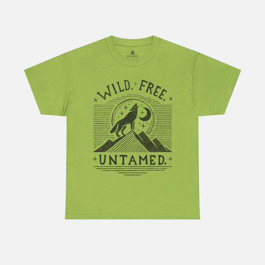 Wild. Free. Untamed. Wolf Howling Tee in green on a white background, showcasing a bold wolf and moon design for outdoor enthusiasts.