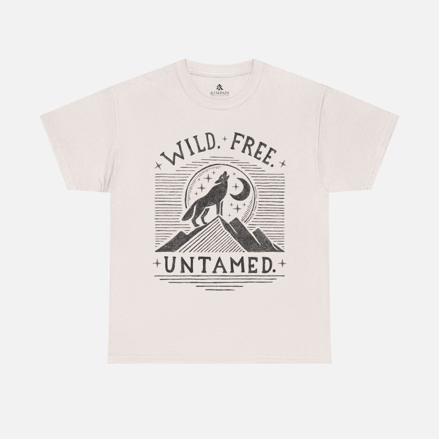 Wild. Free. Untamed. Wolf Howling Tee in ice grey on a white background, showcasing a bold wolf and moon design for outdoor enthusiasts.