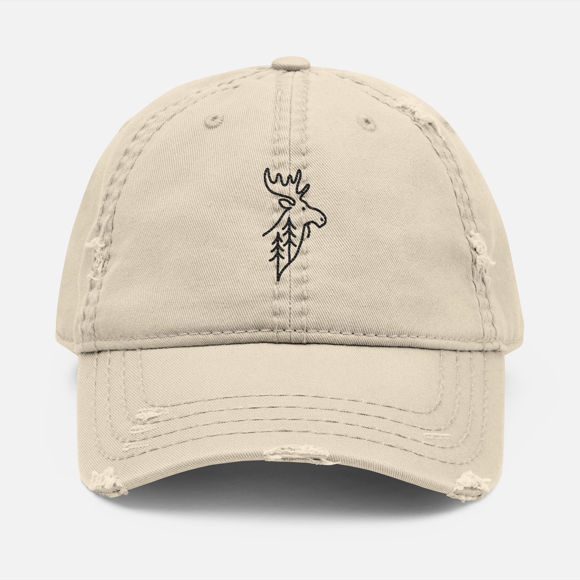 Front view of khaki dad hat with embroidered moose and pine trees in fine line style, designed for outdoor enthusiasts.