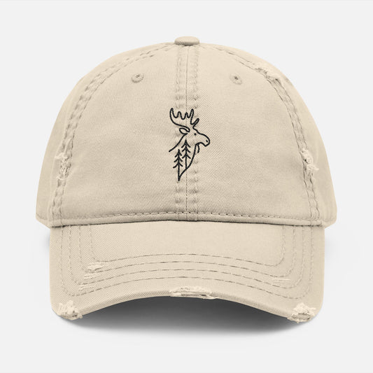 Front view of khaki dad hat with embroidered moose and pine trees in fine line style, designed for outdoor enthusiasts.