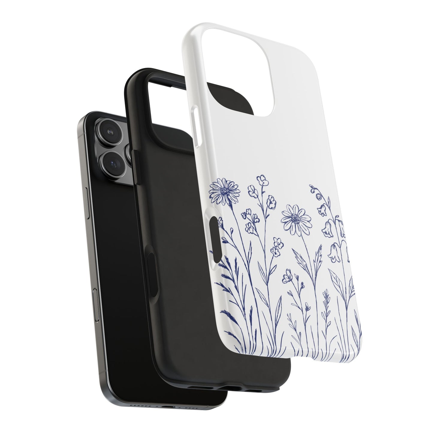 Wildflower Blue Phone Case exploded view showing dual-layer protection with inner rubber liner and tough outer shell.