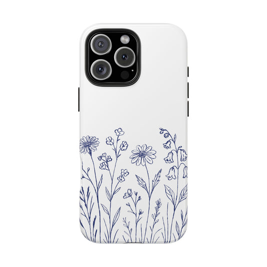 Wildflower Blue Phone Case featuring delicate hand-drawn floral design in serene blue on white background.