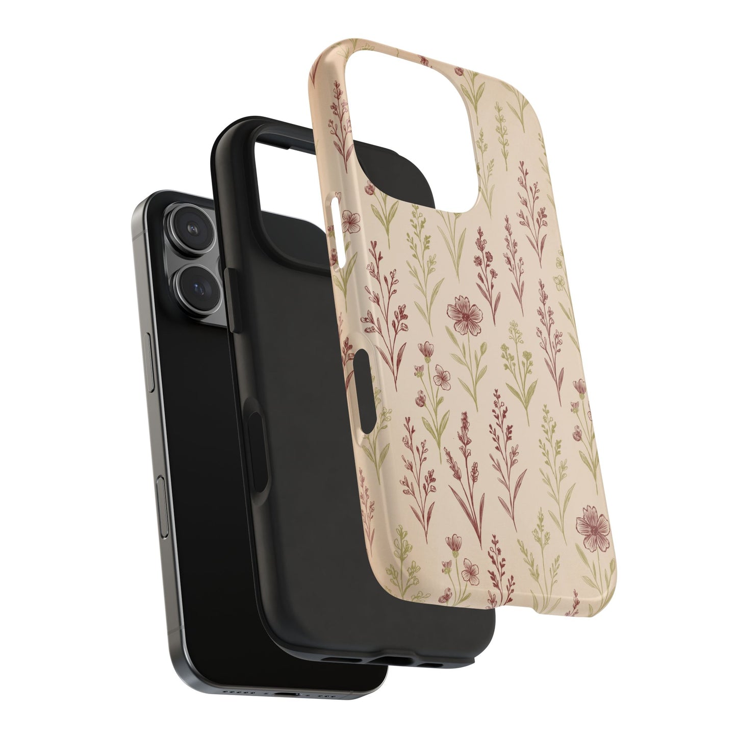 Exploded view of the Wildflower Pattern Phone Case focusing on the rubber liner and fine floral pattern outer shell offering superior protection.