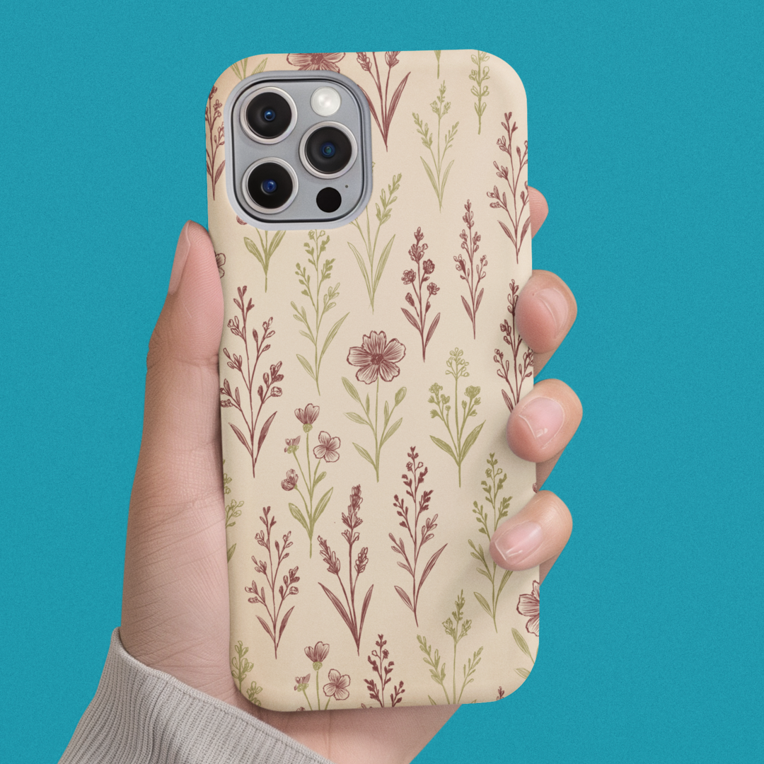 Hand holding the Wildflower Pattern Phone Case featuring a vibrant illustrated floral design, showcasing its sleek fit and nature-inspired aesthetic.