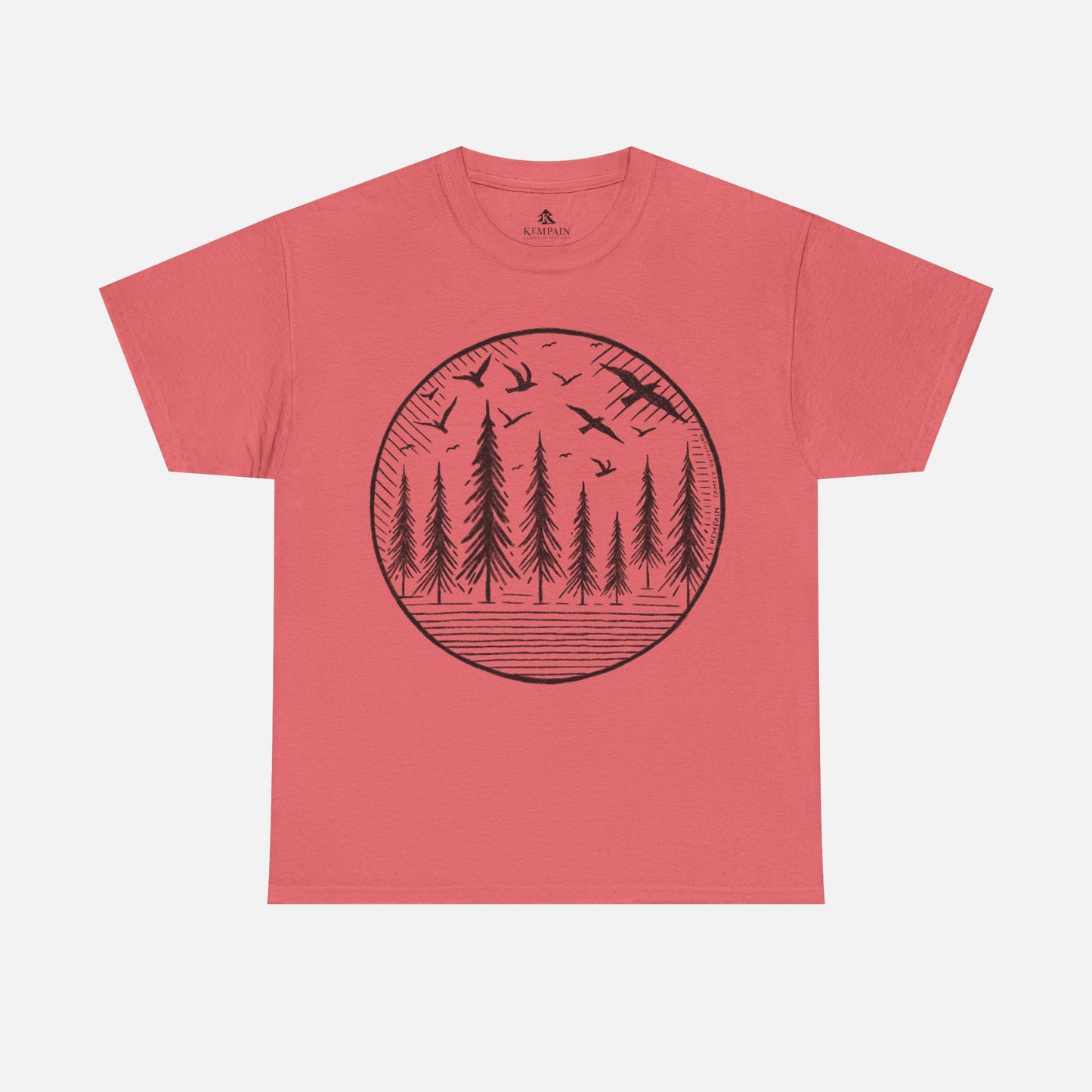Wildwood Flight T-Shirt in coral on a white background, showcasing a minimalist wildlife-inspired design with birds and pine trees for adventurers.