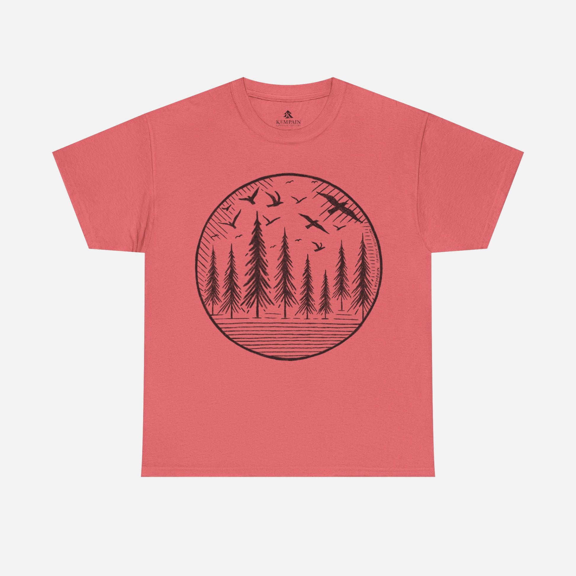 Wildwood Flight T-Shirt in coral on a white background, showcasing a minimalist wildlife-inspired design with birds and pine trees for adventurers.