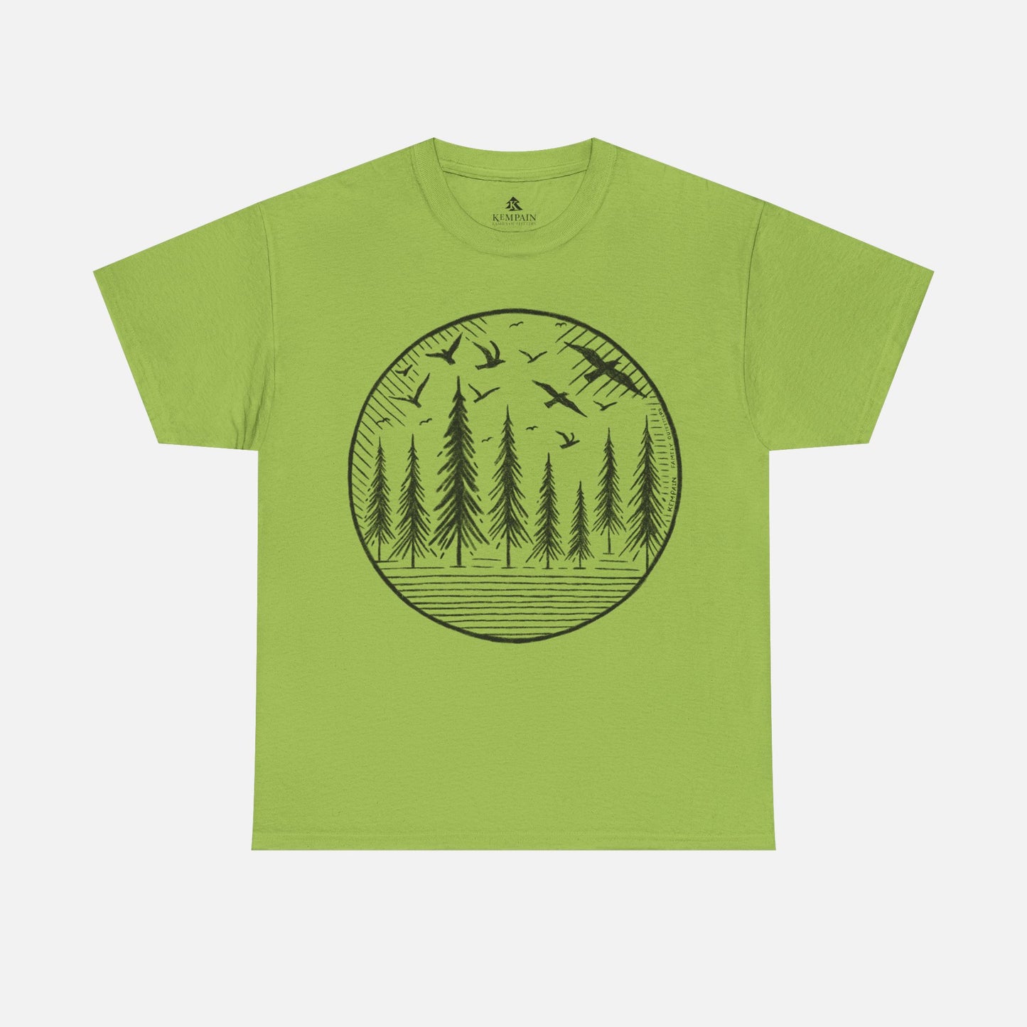 Wildwood Flight T-Shirt in green on a white background, showcasing a minimalist wildlife-inspired design with birds and pine trees for adventurers.