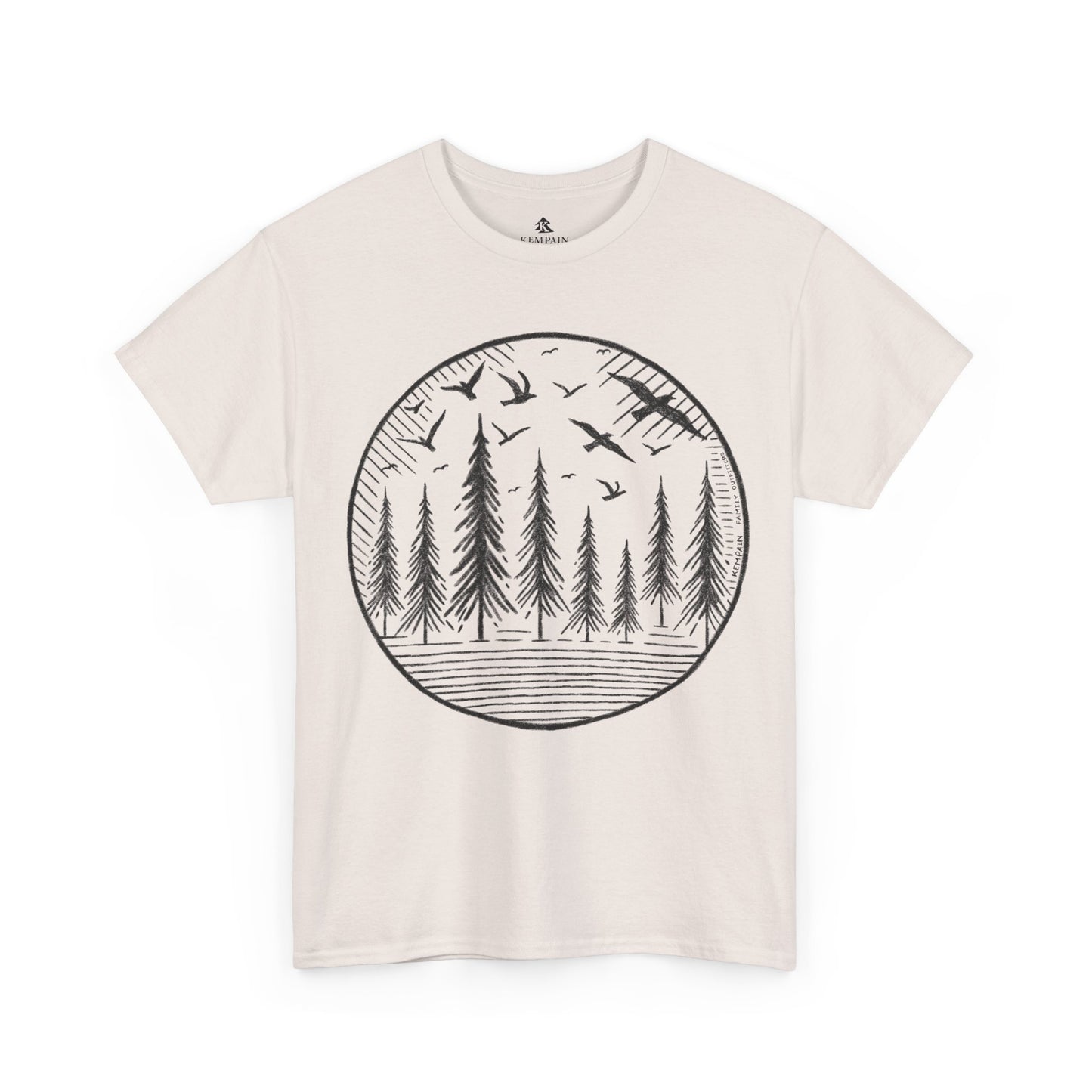 Wildwood Flight T-Shirt in ice gray on a white background, showcasing a minimalist wildlife-inspired design with birds and pine trees for adventurers.